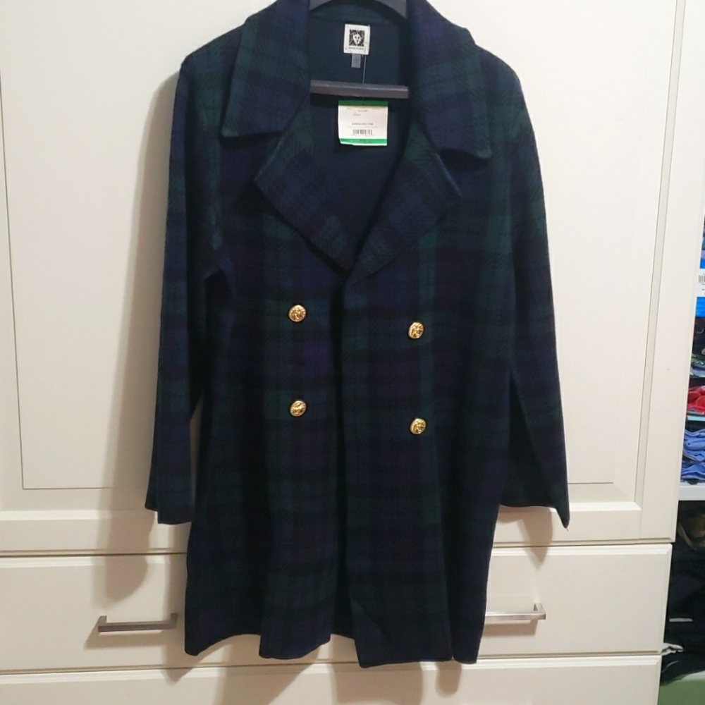NWT Anne Klein Women's Notched Collar Plaid Cardigan Coatigan Large L
